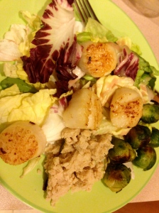 butter lettuce, brussels, scallops, and mashed white beans with lemon and olive oil
